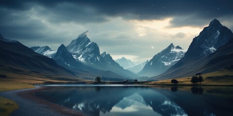 Wall Mural - Beautiful pristine mountain landscape reflected in a still lake. Mirror reflection of national park scenery and sky.