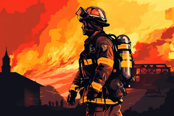 firefighter's portrait with fire and flames on background