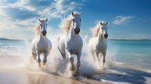 Incredible Photography Of White Horses Running On A White Sand Beach, Sunny Morning. Generative AII
