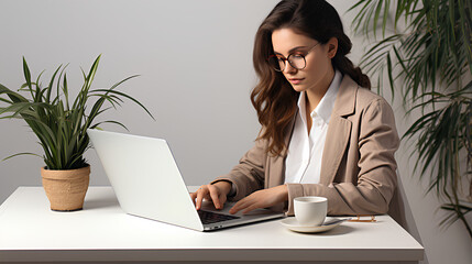 Wall Mural - A lovely young woman diligently engrossed in laptop work, a freelancing girl or student, sits with her computer at a cafe table.