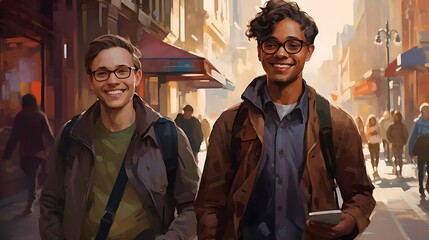 Portrait of two young men smiling while walking in the city.