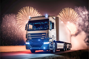 Wall Mural - truck at night with fireworks in the background . new year wishes with fireworks and space for text 