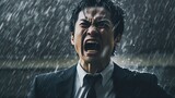 Fototapeta  - 夜雨の中で仕事のストレスで怒り叫ぶ・激怒するアジア人ビジネスマン・憎悪・憎しみ・恨み・悔しい・裏切り