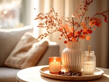 Cozy Autumn Interior Decor Arrangement, Warm Fall Home Decoration Composition, Dried Flowers In Vase
