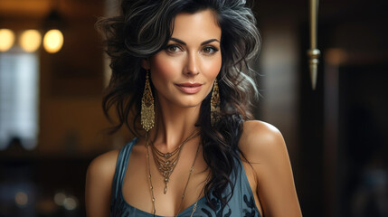 Naklejka na meble Satisfied woman with black tangled hair and body jewelry posing. Generative AI