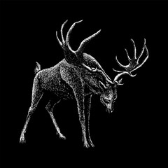 Wall Mural - Irish Elk hand drawing vector isolated on black background.