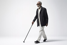 Blind Black Senior Man With A Cane Walking