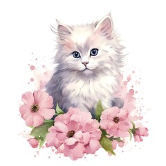  Kitten with pink flowers isolate on white background, watercolor style.