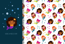 Happy Cute Cartoon Mermaids Characters Different Ethnicity. Card And Seamless Pattern Set. Vector Textile Surface Design Illustration