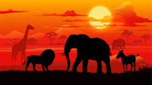 African Sunset Landscape With Safari Animals Silhouettes. Africa Nature Park, Savannah Wildlife Vector Background With Lion, Elephant, Zebra, Hippopotamus And Giraffe Animals Sunset Silhouettes