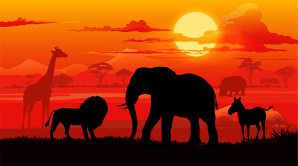 African sunset landscape with safari animals silhouettes. Africa nature park, savannah wildlife vector background with lion, elephant, zebra, hippopotamus and giraffe animals sunset silhouettes