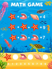 Aufkleber - Math game worksheet. Cartoon animals, fish and seashells. Education riddle, kids mathematical quiz vector worksheet with starfish, seashell and pearl, stingray, ocean fish, turtle funny characters