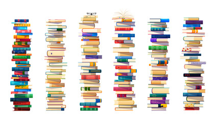 Wall Mural - High book stacks in piles, school textbooks and library literature heaps, vector tower rows. Education or reading books, study textbooks dictionary stack piles in bookstore or bookshop with bookmarks