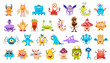 Cartoon cute funny monster characters. Cute bacteria, alien bug or insect, spooky bat, crab, fantastic octopus, fairy mushroom and spider, slime monster, stump and devil isolated vector personages