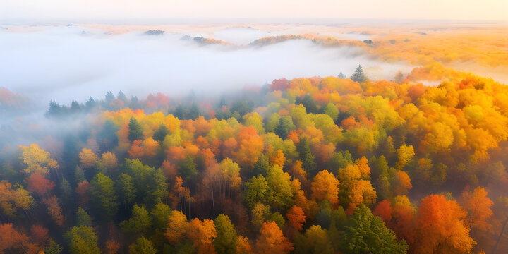 Aerial view of beautiful colorful autumn forest in low clouds at sunrise. Top view of orange and green trees in fog at dawn in fall. Nature background.- Generative AI