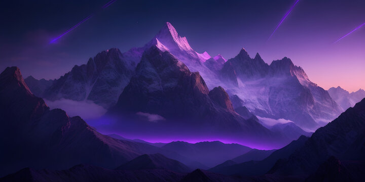 A breathtaking view of the mountains, with a mysterious purple light radiating from the peaks and valleys, creating a surreal atmosphere.- Generative AI
