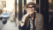 © PaulShlykov - Hipster senior woman wearing glasses and fashionable hat outdoors portrait