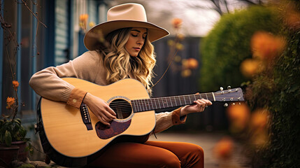 Wall Mural - Woman playing acoustic guitar with finger catching chord on bar outdoors