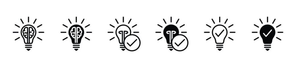 Lamp or light bulb icons set. Creativity icon collection. Creative business, innovation, solution, idea, brain, smart, check mark, intelligent icon symbol in line and flat style. Vector illustration