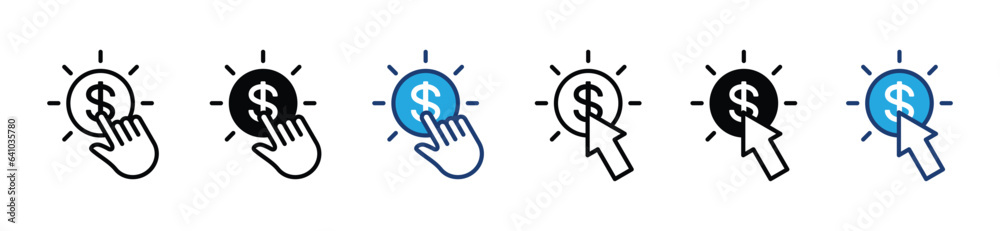 Money Click Button Pay per click icon set. Click or press the dollar symbol buttons in ...