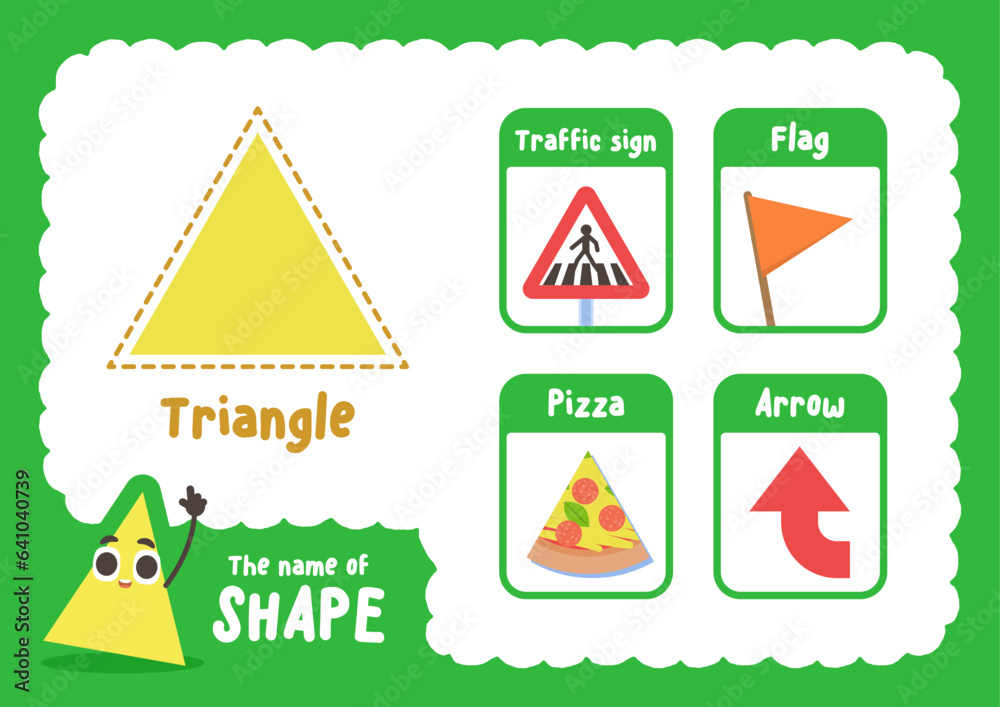 Learning triangle shape sheet with object cards, illustration cartoon vector design on white background. kid and study game concept.