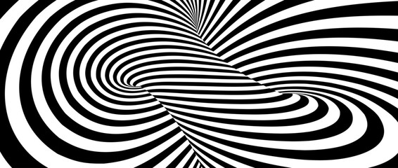 Sticker - Abstract hypnotic lines background. Black and white spinning tunnel wallpaper. Psychedelic twisted stripes pattern. Rotating spiral knot template for poster, banner, cover. Vector optical illusion