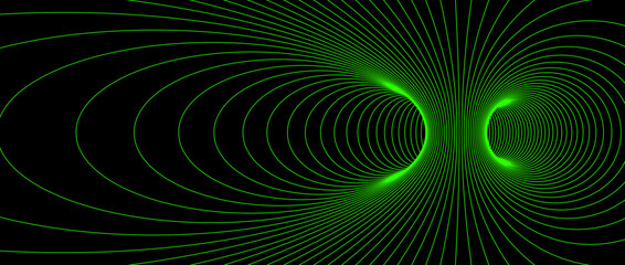 Poster - Wormhole wireframe structure. Neon geometric outline grid tunnel backdrop. 3D funnel or vortex texture. Green abstract energy lines on dark background. Vector illustration wallpaper. 