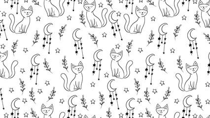 seamless black and white pattern with the image of cats. Vector illustration