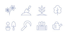 Gardening Icons. Editable Stroke. Containing Flower, Gardening, Sickle, Plant, Raised Bed, Tree, Watering Can.