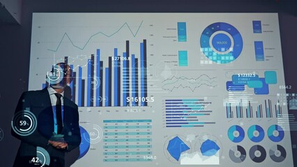 Poster - Middle aged businessman giving a presentation and statistics chart. Management strategy.