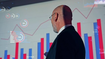 Poster - Middle aged businessman giving a presentation and statistics chart. Management strategy.