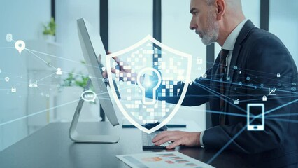 Poster - Middle aged businessman working in office and cyber security concept.