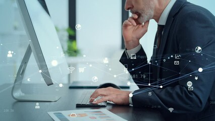 Poster - Middle aged businessman working in office and communication network concept. Cloud computing. Smart office.