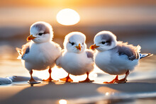 Baby Seagulls Playing On The Beach