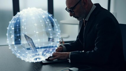 Poster - Middle aged man working in office and communication network concept.