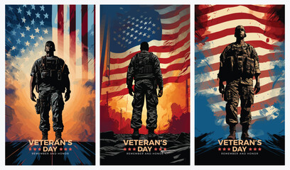 Veterans day illustrations background design with american flag and silhouette of soldier