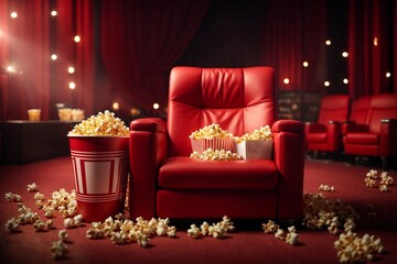 Movie hall interior with red chairs and popcorn. 3D Rendering