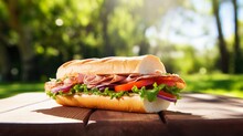 A classic sub sandwich with assorted deli meats and fresh vegetables, placed on a wooden picnic table, with a blurred park scene in the background. AI generated.