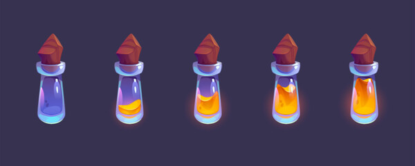 Poster - Elixir in flask with wooden cork - animation sequence of filling glass bottle with potion from empty to full. Cartoon vector illustration set of different tube fullness - game asset of hp or energy