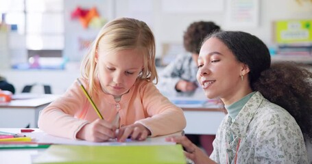 Aufkleber - Teacher, girl and help with writing, class and book for education, motivation and mentorship with learning. Woman, development and student for goal, knowledge or info with support, school or academy