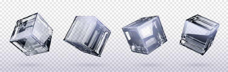 Poster - Realistic set of 3D glass cubes isolated on transparent background. Vector illustration of empty crystal blocks, square ice pieces with smooth glossy surface, side and angle view, light reflection