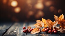 Herbstlicher Hintergrund Mit Blättern Und Beeren Auf Dunklem Holztisch Mit Bokeh Hintergrund Und Platz Für Text