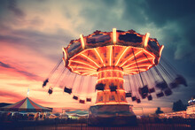 A Fairground Ride Shot At Night Toned With A Retro Vintage Filter Action Effect Against A Pink And Blue Cloudy Sky