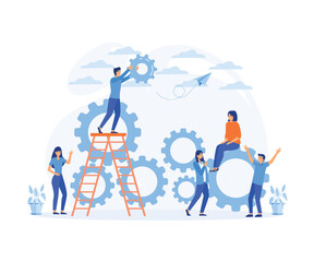 Poster - mechanism teamwork. man and woman business organization with circle gear, company process developmen