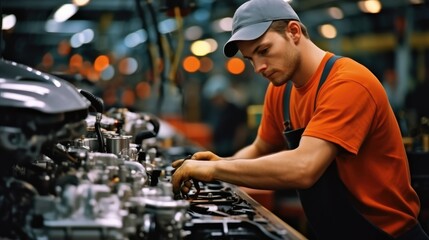 Poster - Worker attached components to an auto engine at car factory.