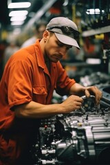 Poster - Worker attached components to an auto engine at car factory.