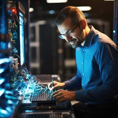 Poster - Man on research for programming in server room, Information technology, inspection in data center reading.