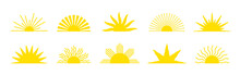 Yellow Half Sun Icon Vector Set. Sunrise Or Sunset Collection. Solar Beams