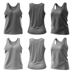 2 Set of dark light grey front, back and side view sleeveless tee t shirt tank singlet round neck on transparent background cutout, PNG file. Mockup template for artwork graphic design. 3D rendering	
