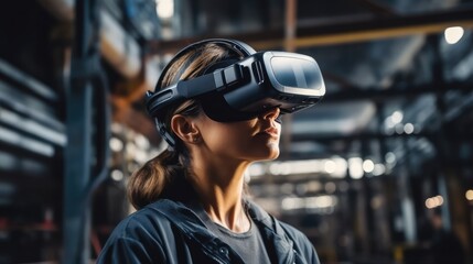 Aufkleber - Woman engineer using VR headset in industrial factory for futuristic research, Digital tech and 3d automation machine.